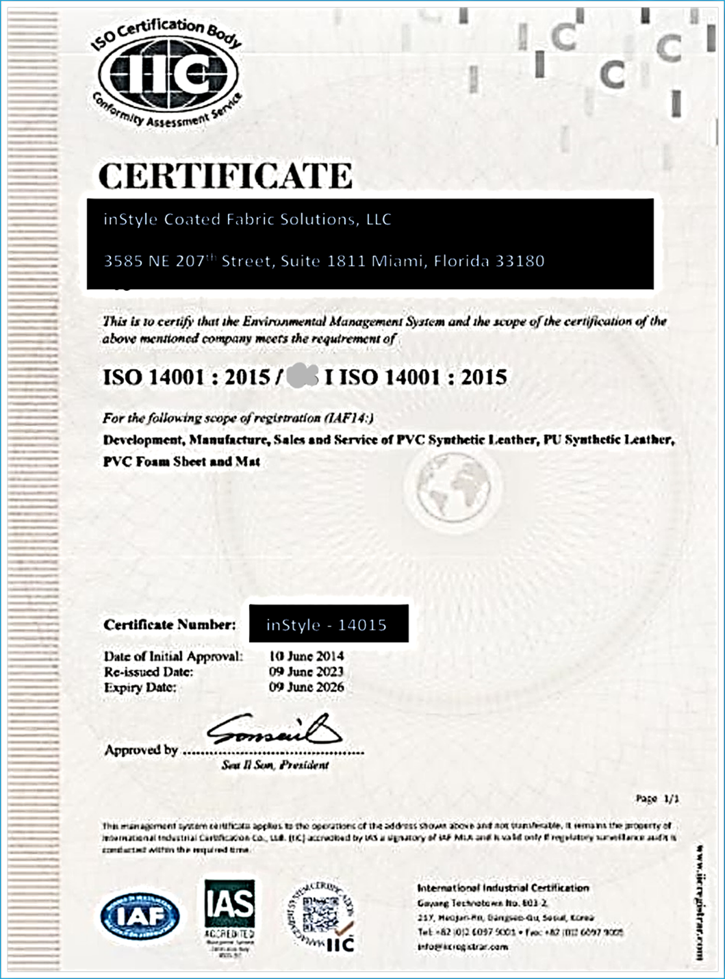 ISO 14001 certificate from a sustainable upholstery fabric supplier