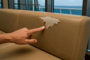 Peeling marine-grade vinyl on cruise ship seating
