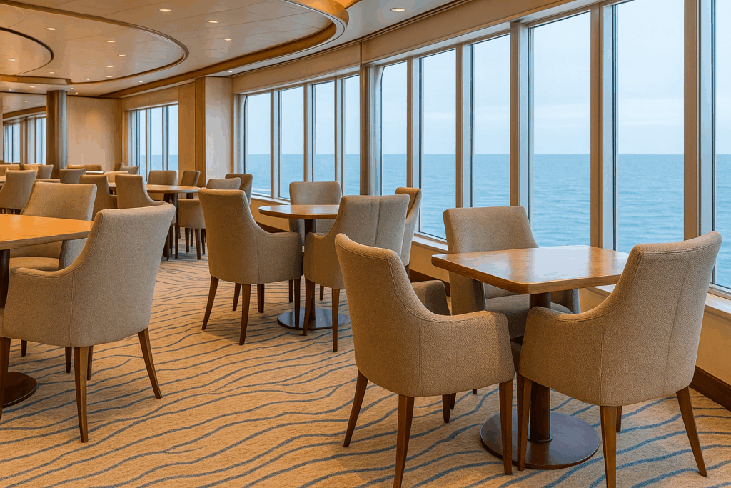 Upholstered lounge seating on a cruise ship with marine-grade vinyl materials