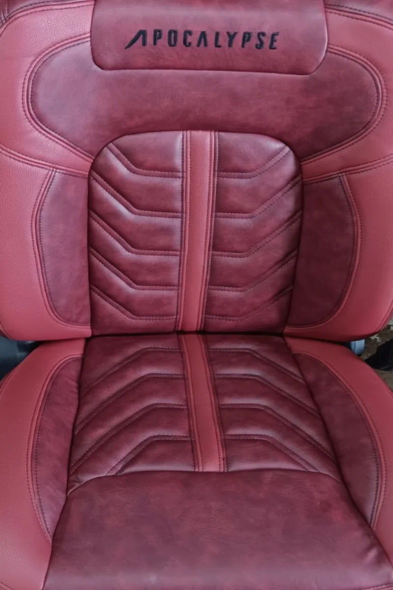 Apocalypse Jeep seat upholstered in Nautic Oxblood distressed vintage leather by OEM upholstery specialists