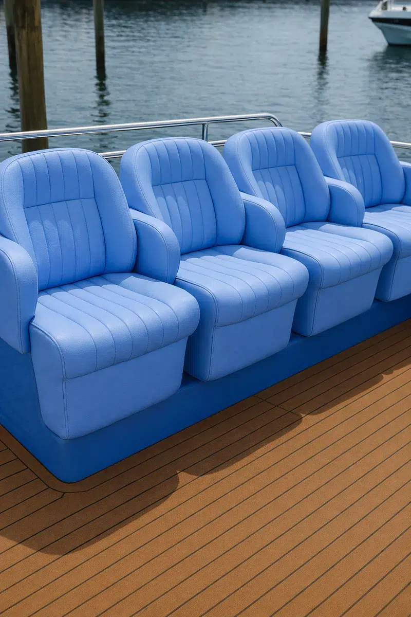 Blue soft medium pebble grain marine vinyl and faux leather upholstery texture for yacht, boat, and automotive seating applications.