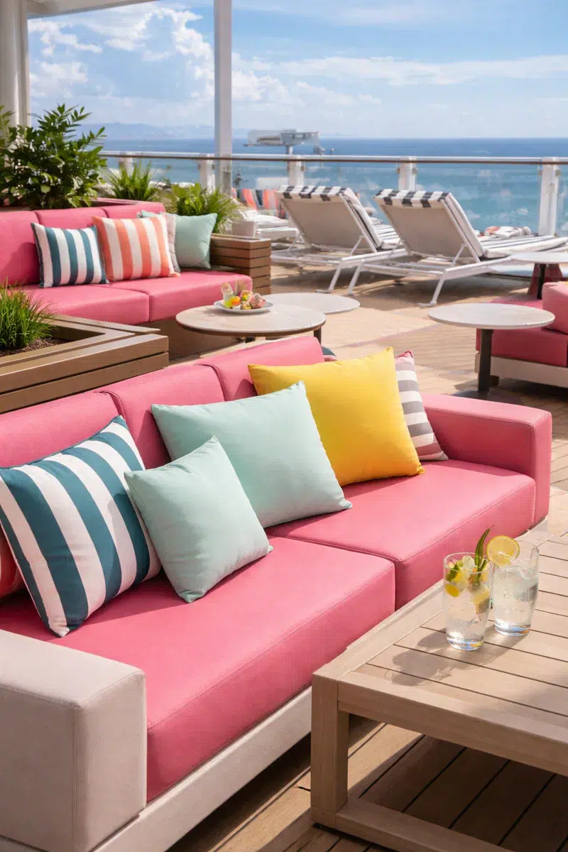 Fine leather grain vinyl upholstery in Rosé Intense from the Prima collection used in new build cruise ship lounge seating with smooth soft-touch surface and uniform texture