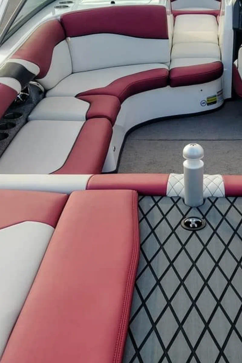 Flat leather grain vinyl upholstery from Parcmer used in custom boat seating with soft-touch faux leather surface, smooth flat grain texture, and contrast upholstery design